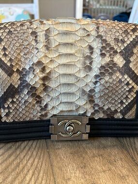 VINTAGE CHANEL Beige and Black Snakeskin Boy Crossbody Bag